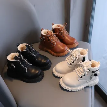 Детски полусапожки с метален интериор в стил пънк, однотонная топли зимни обувки от изкуствена кожа за момчета и момичета от 21 до 30 години, детски обувки за бебета
