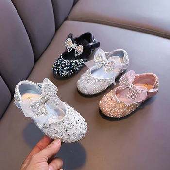2023 Детски кожени обувки с пайети за момичета, фини обувки на принцесата с кристали и лък, модни детски обувки за сватба