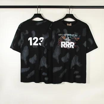 2023ss High Street Реколта тениска с принтом в стил RRR 123 с къс ръкав за мъже и жени, висококачествена черна тениска