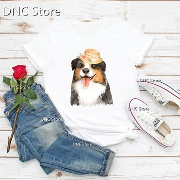 Модерна нова женска тениска с сладък овчаркой и кученце, тениска с домашен любимец принтом, женска риза в стил Харадзюку с къс ръкав, улични тениски