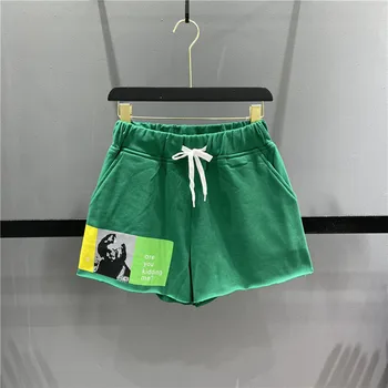 Летни нови зелени шорти с принтом, женски свободни ежедневни спортни къси панталони, дамски ластични талия, Широки панталони трапецовидна форма, гореща тенденция панталони