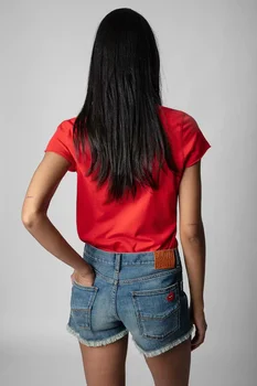 2023, пролетно-лятна нова дамски тениски с бродерия в формата на пеперуда, U-образно деколте, червено къс ръкав
